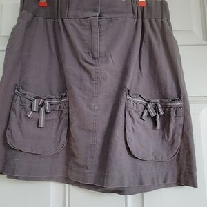 Grey Linen Pocket Skirt with Drawstring Details